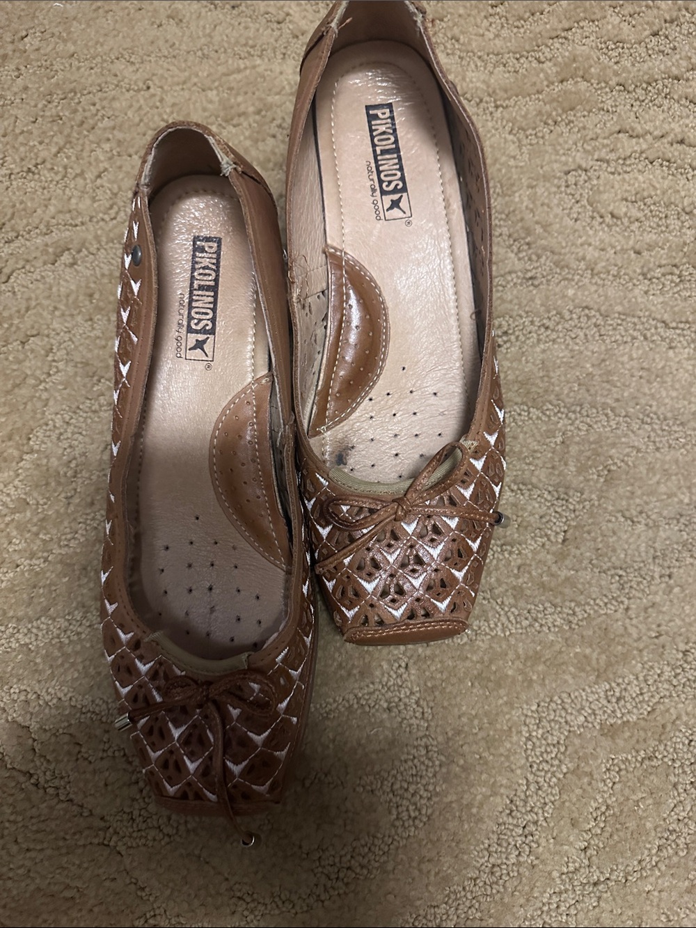 PIKOLINOS Tan Woven Leather Ballet with Bow Detail